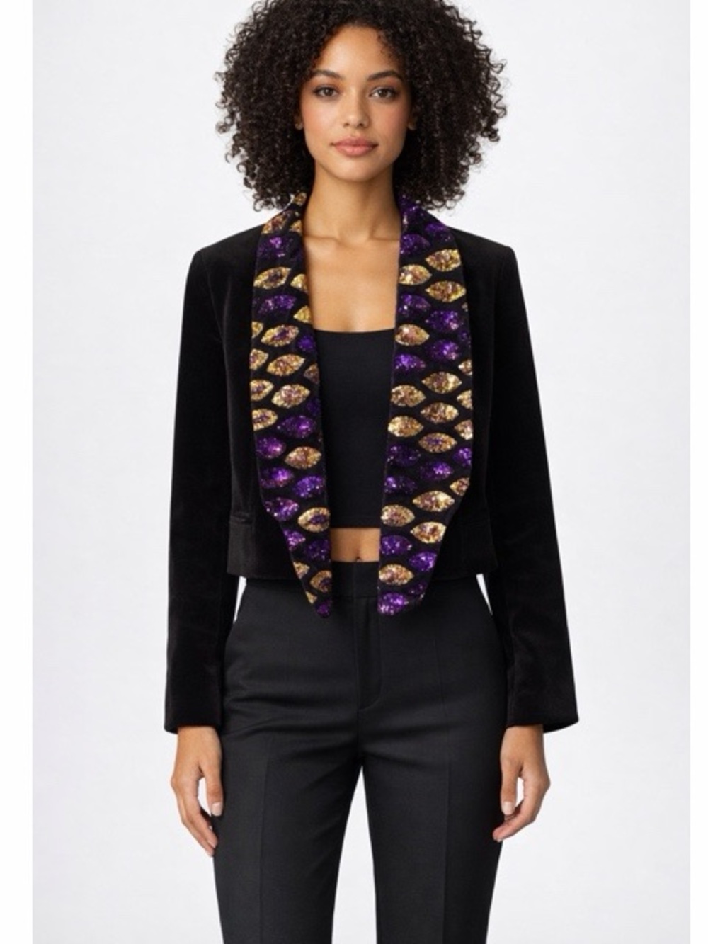 Traffic People Velvet Sequin Cropped Blazer Jacket